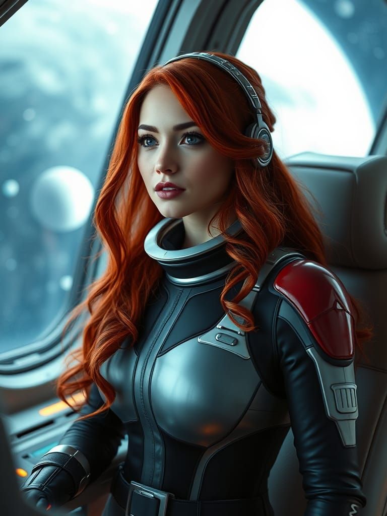 Futuristic Redhead Commands Spaceship in Cinematic Style