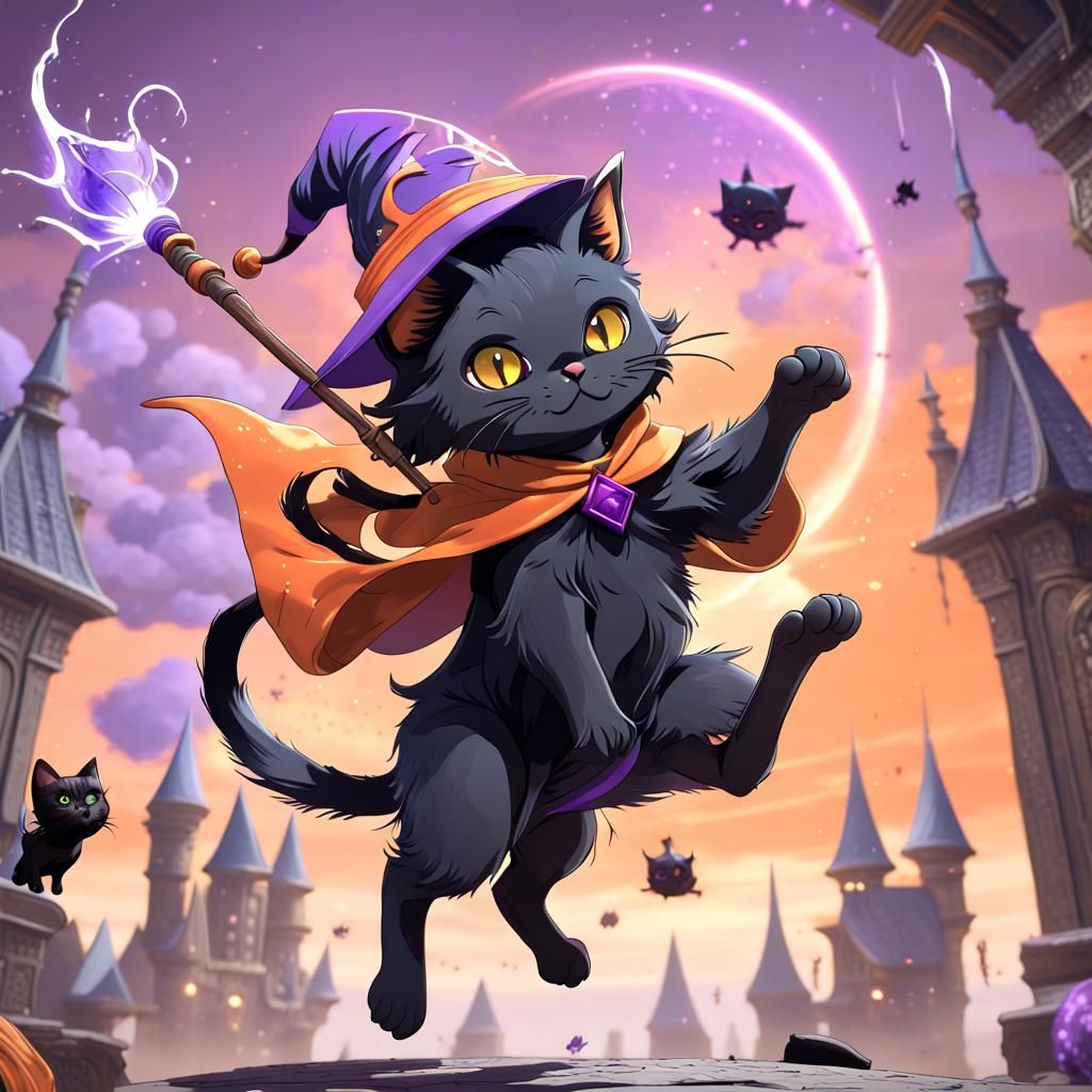 Black Cat Wizard Leaping, Anime Style Digital Art