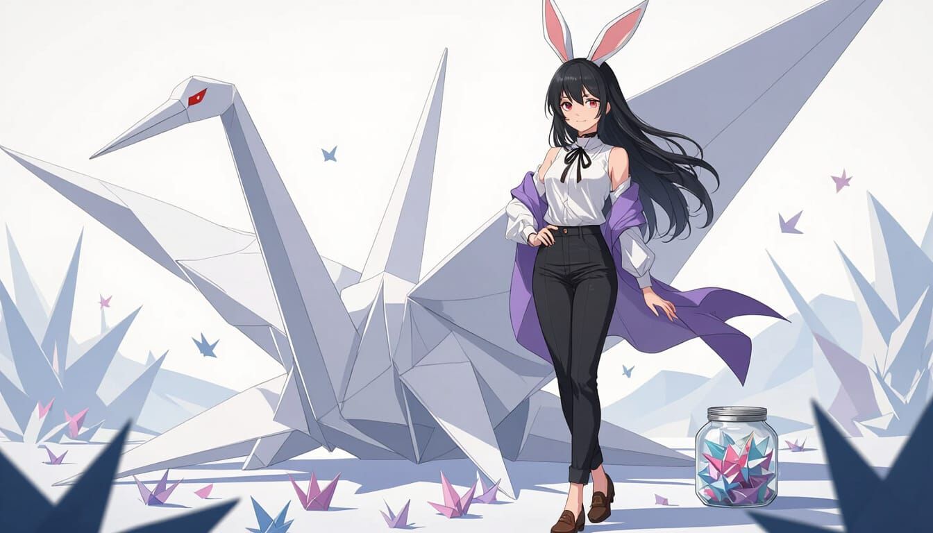 Reze with Rabbit Ears on Origami Crane, Black Ink Drawing