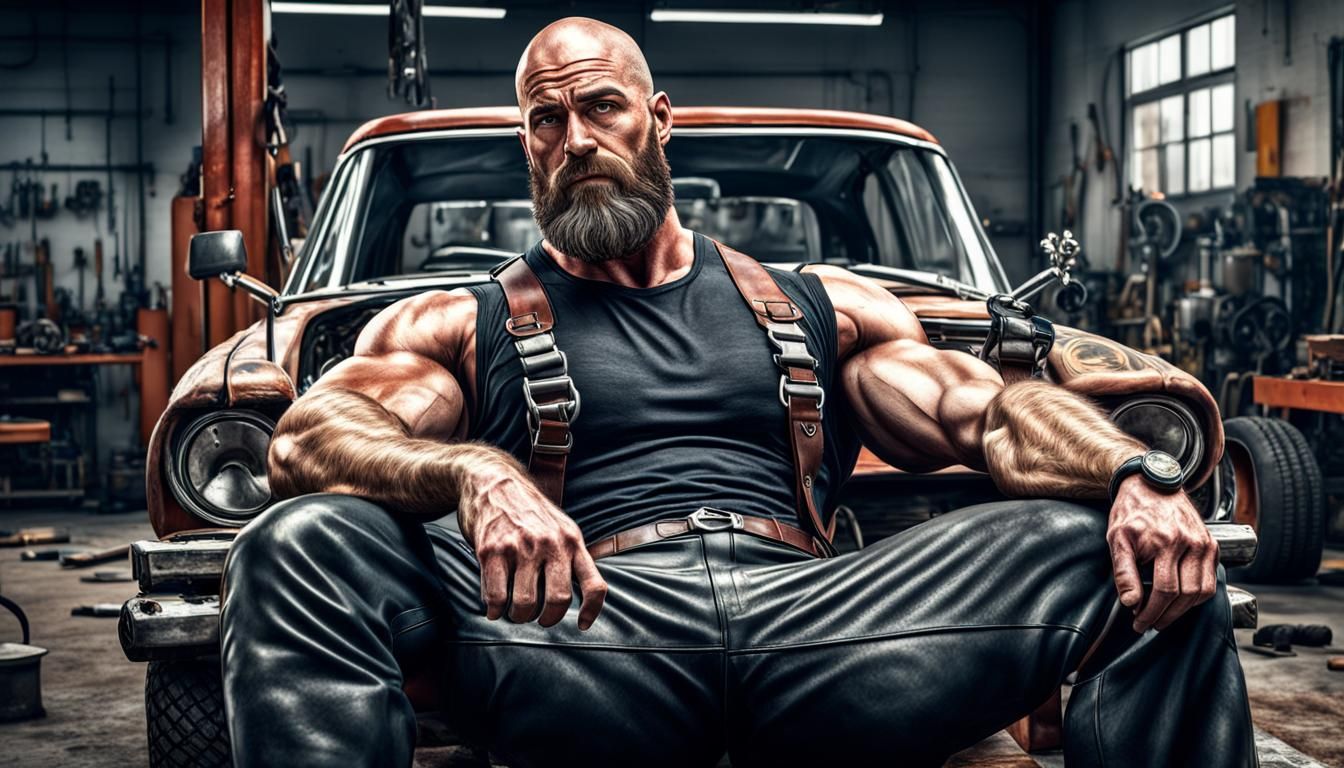 Hyperrealistic Car Mechanic with Leather Harness