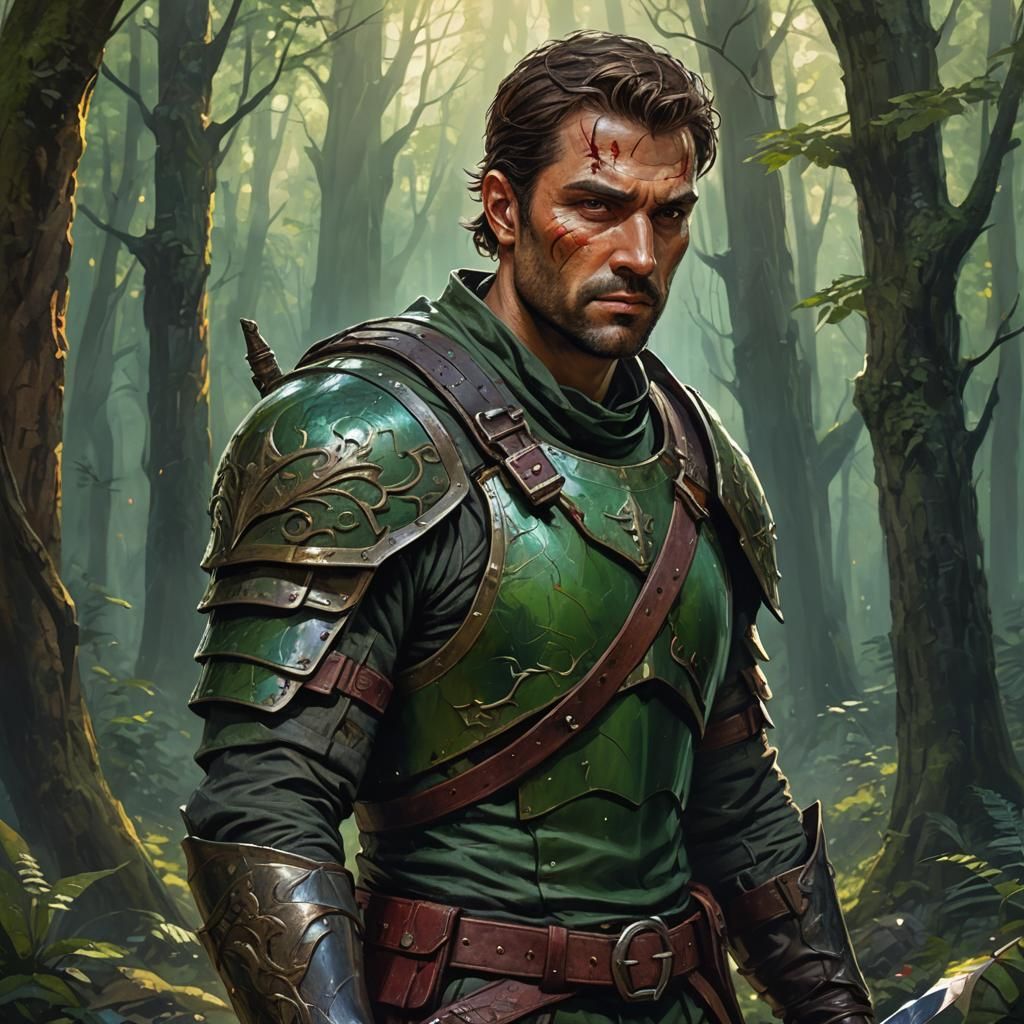 Fantasy Portrait of a Rugged Mercenary in Forest