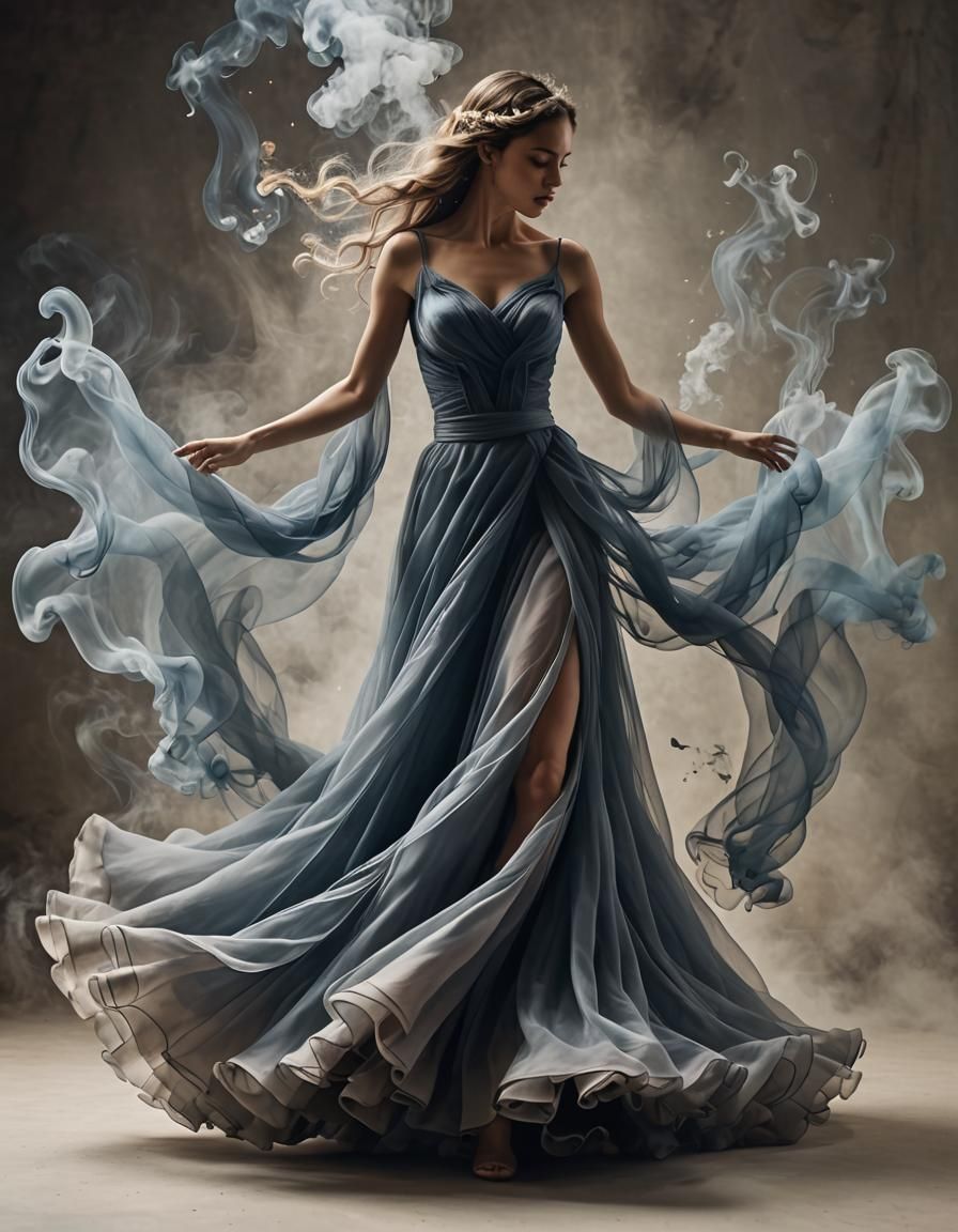 Ethereal Smoke Woman Dancing in Flowing Dress