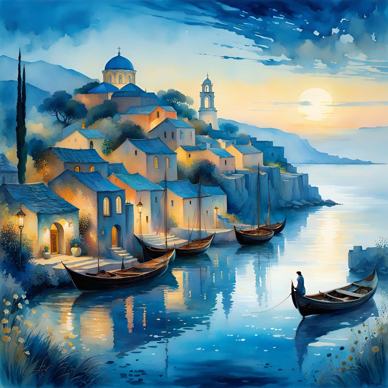 Fantasy Watercolor Greek Village at Blue Hour