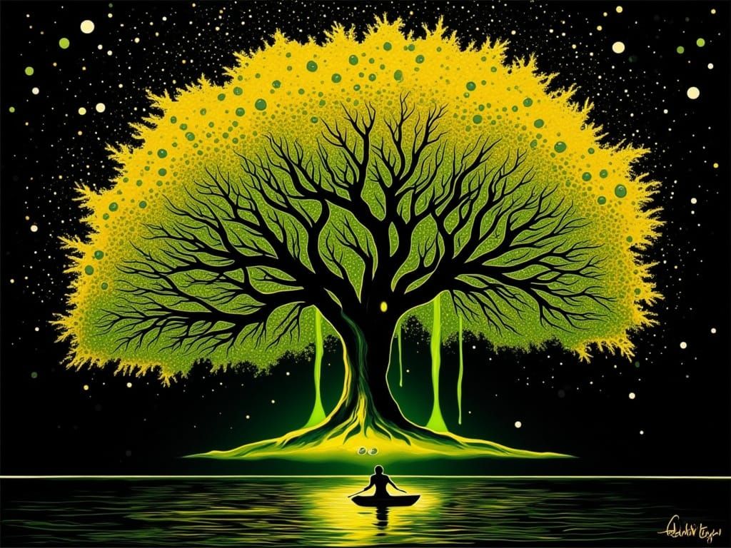 Glowing Tree Over Water in Pointillist Style