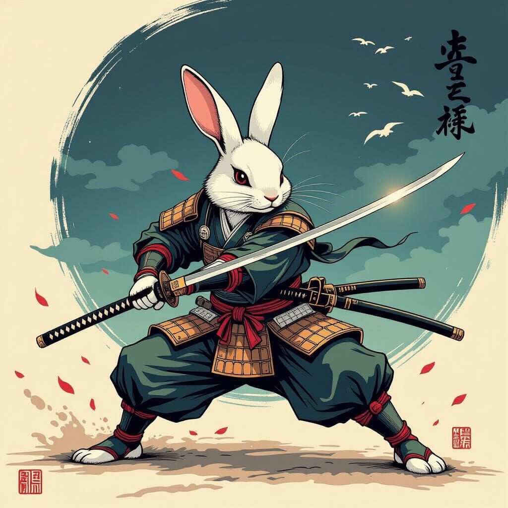 Samurai Rabbit Wielding Katana in Dramatic Style