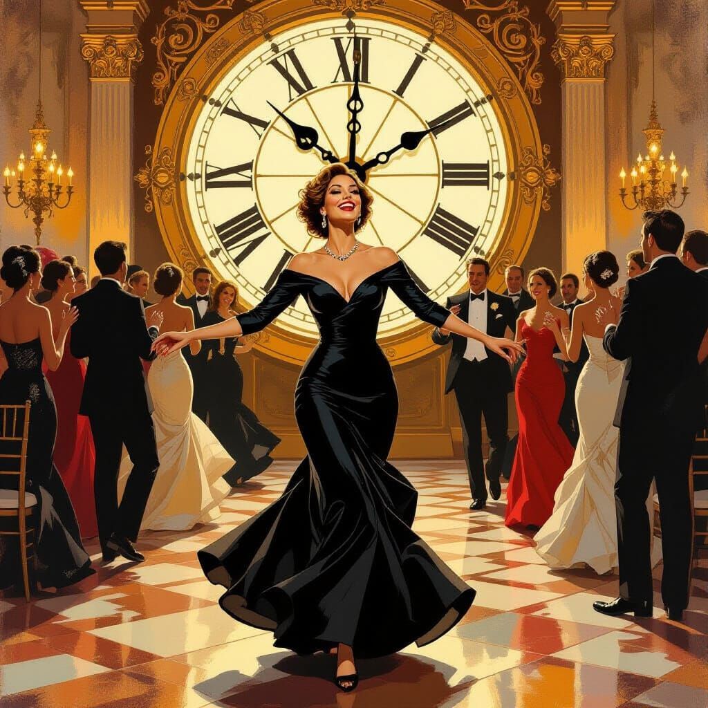 Elegant Woman Celebrates in a Ballroom with Backward Spinnin...