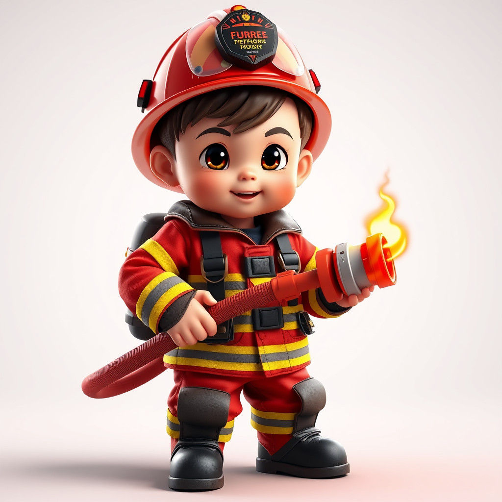 Toddler Firefighter in Anime Style Puts Out Flame