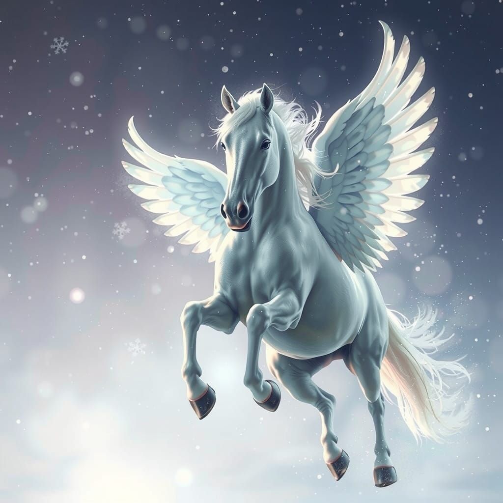 Ethereal White Pegasus in Winter Wonderland