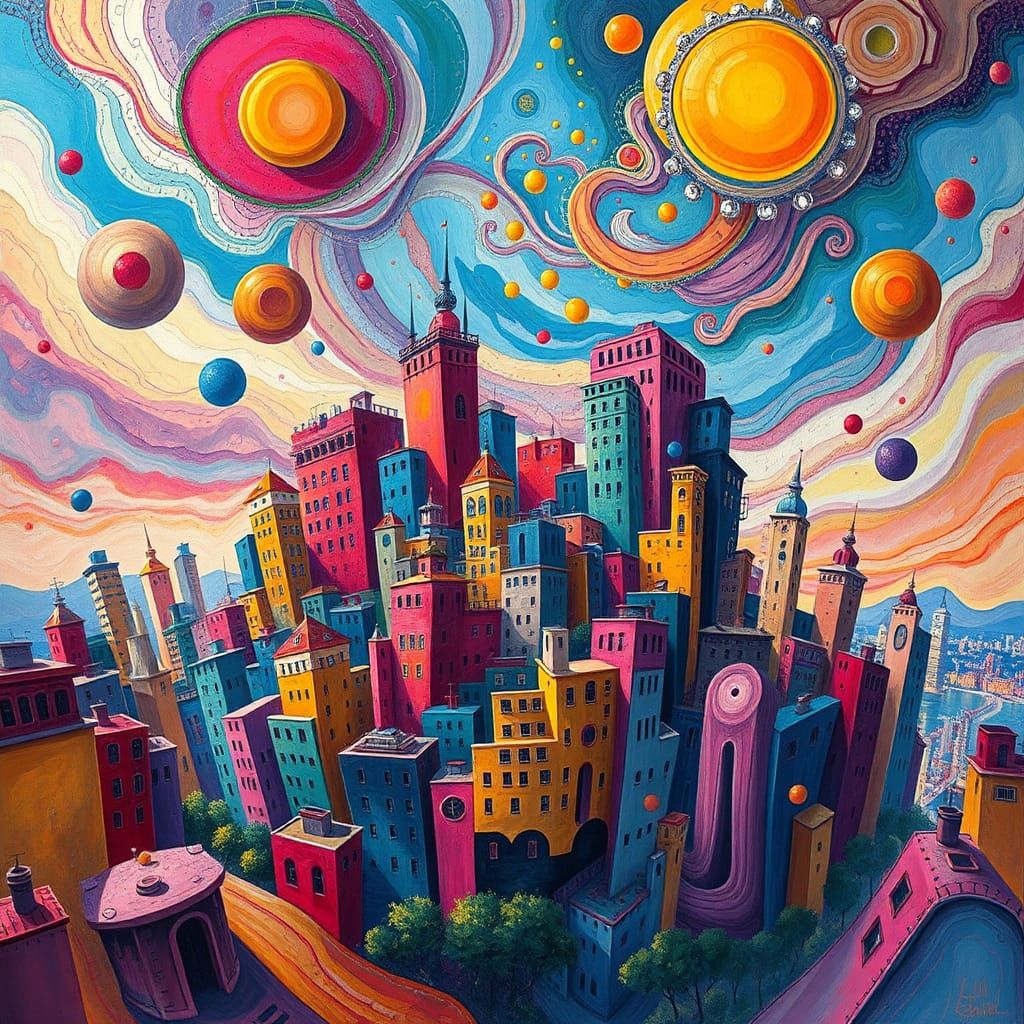 A Surreal Cityscape

Visual Description:

Background: A vibrant, swirling sky filled with abstract shapes and colors, re...