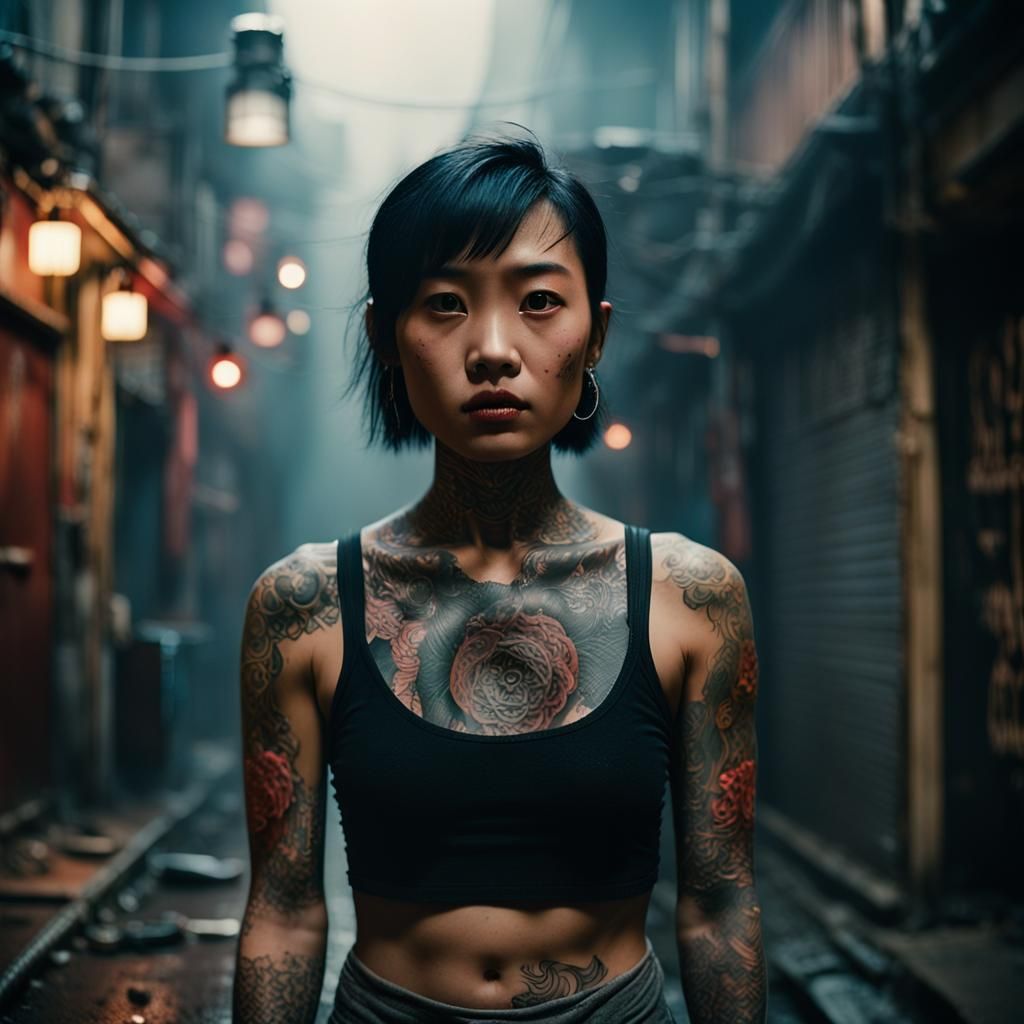 Tattooed Woman in Misty Alley: Cinematic Film Still