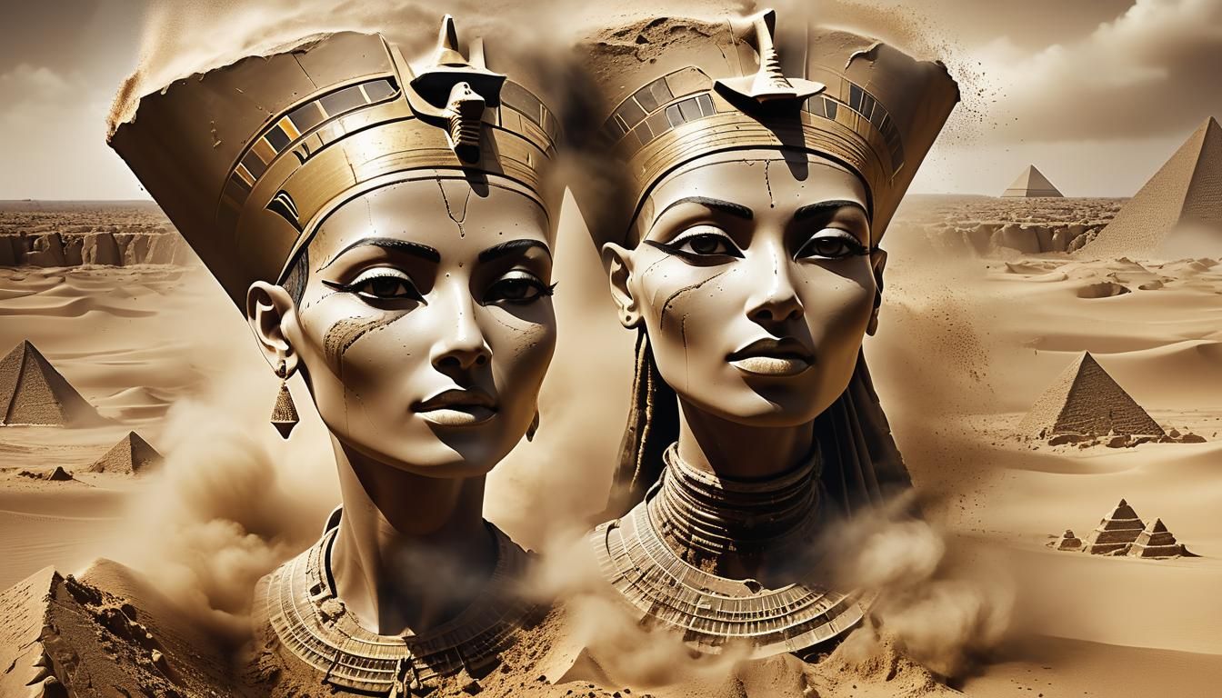 Crumbling Nefertiti Portrait in Surreal Style