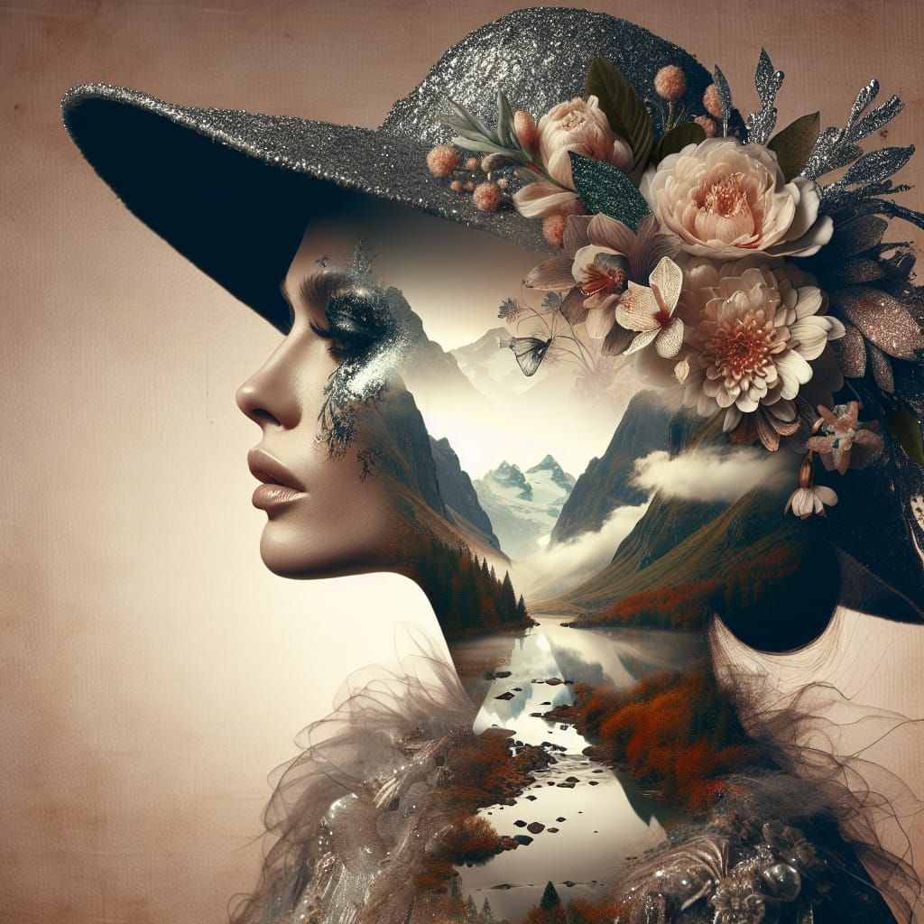 Ethereal Double Exposure Portrait with Mountain Landscape