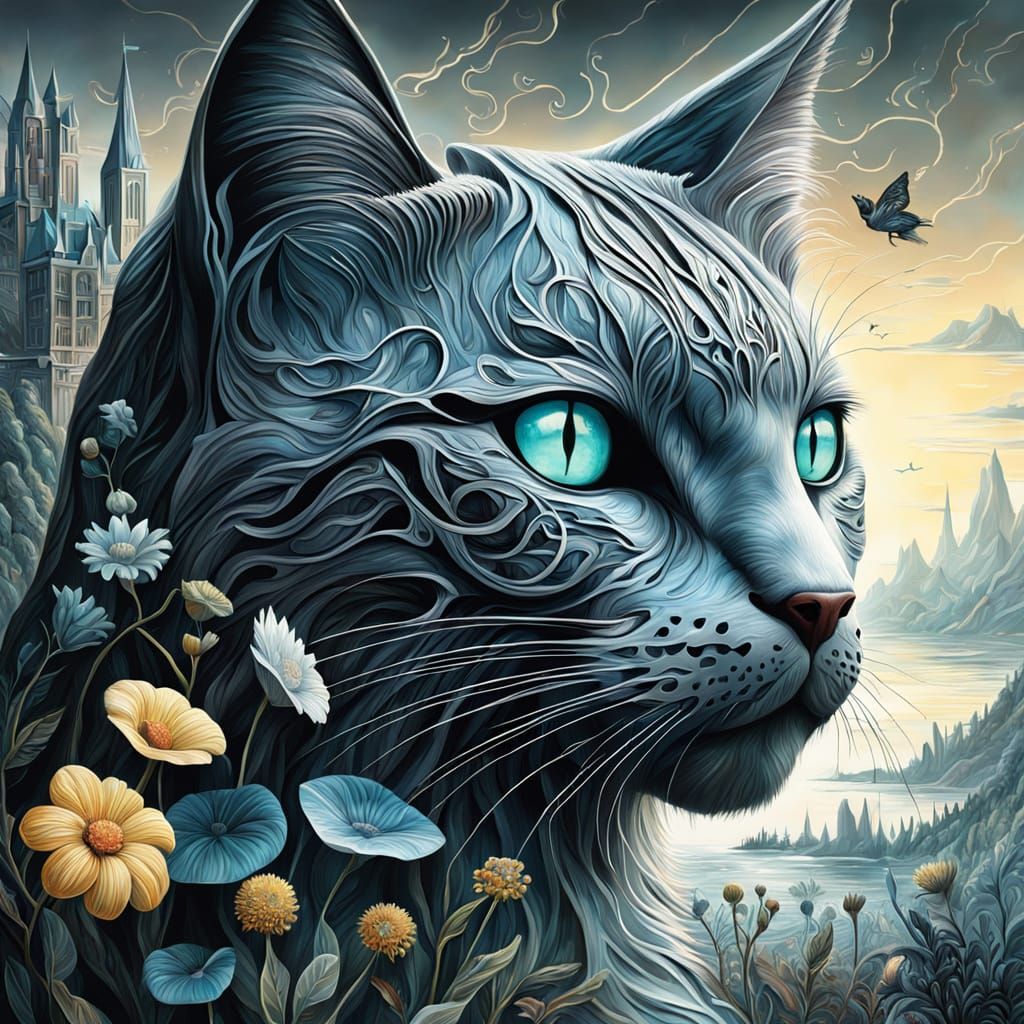 Mysterious Cat Portrait with Intricate Flora