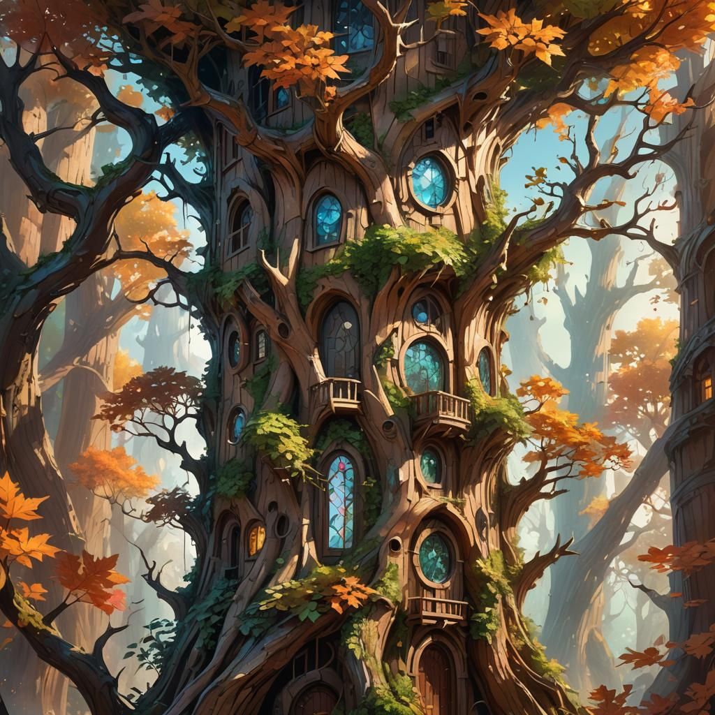 Fantastical Bark Tower with Crystal Windows: Hyperrealistic ...