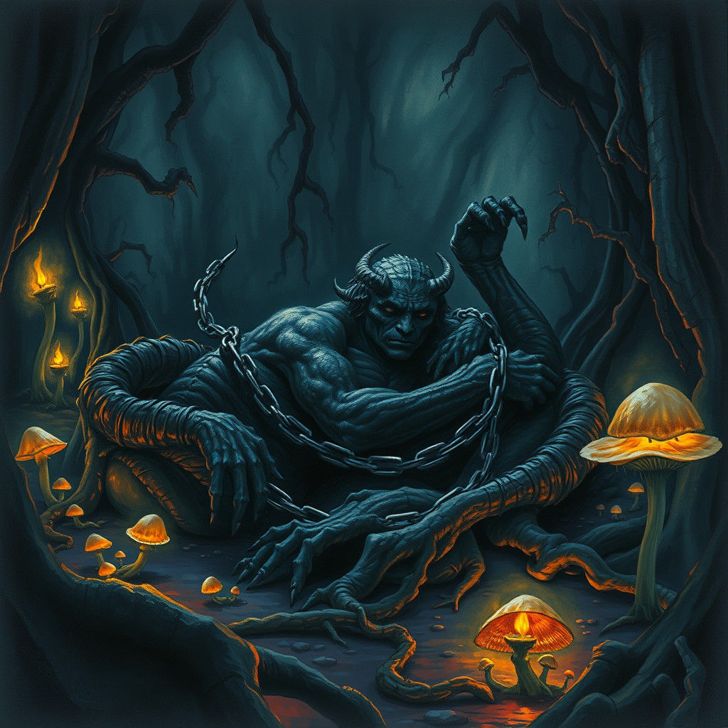 Chained Fenris in Dark Fantasy Style