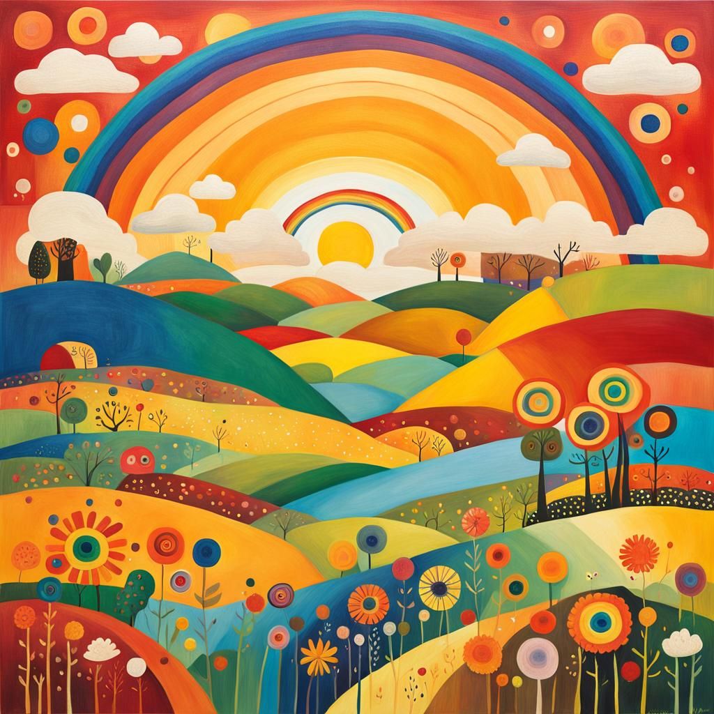 Folk Art Rainbow Landscape in Abstract Style