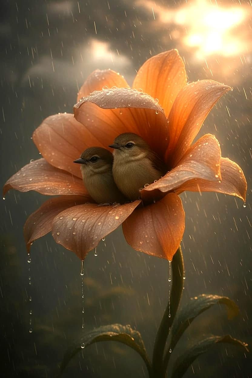 Birds Shelter in Giant Surreal Flower Under Rain