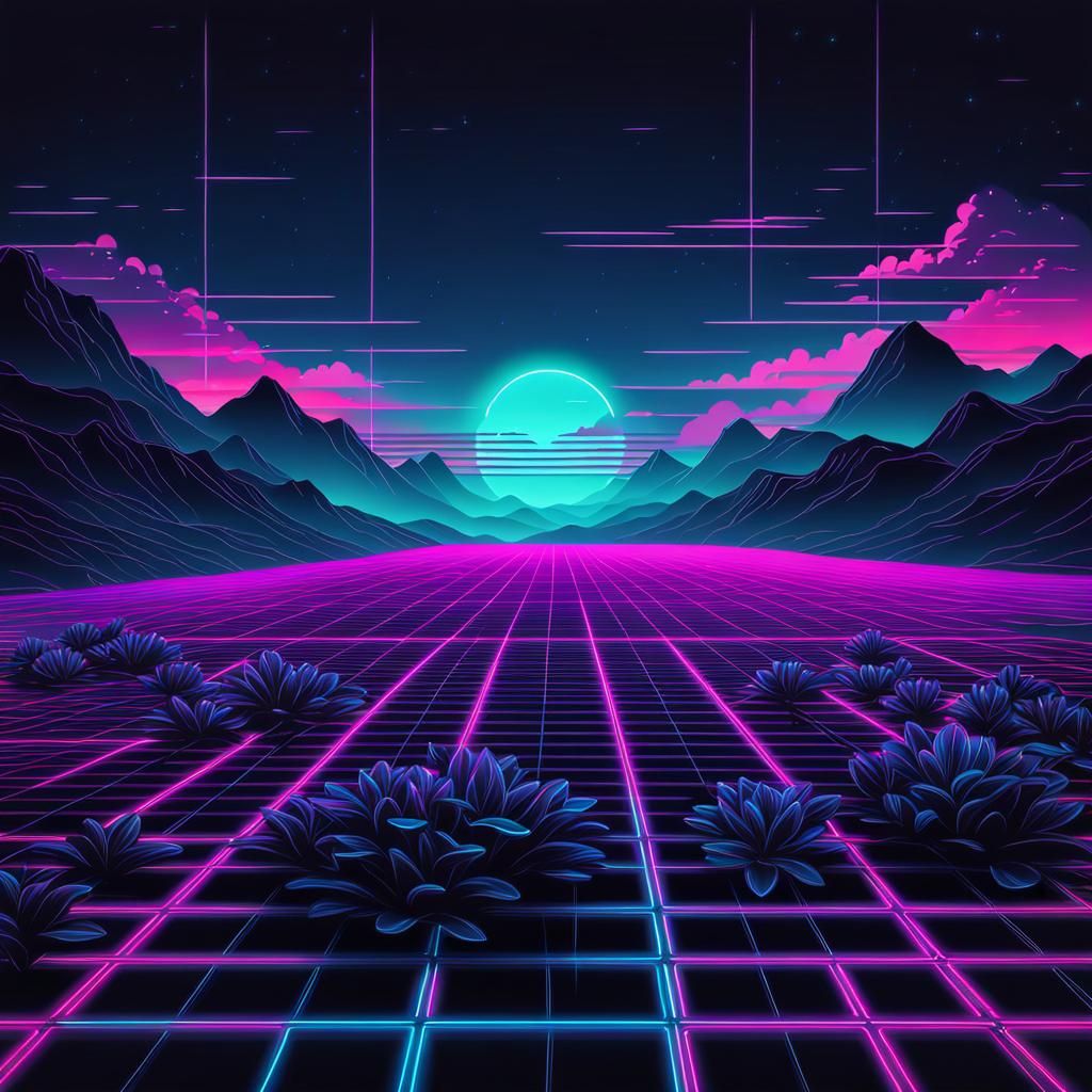 Synthwave Grid Landscape with Neon Noir Rendering