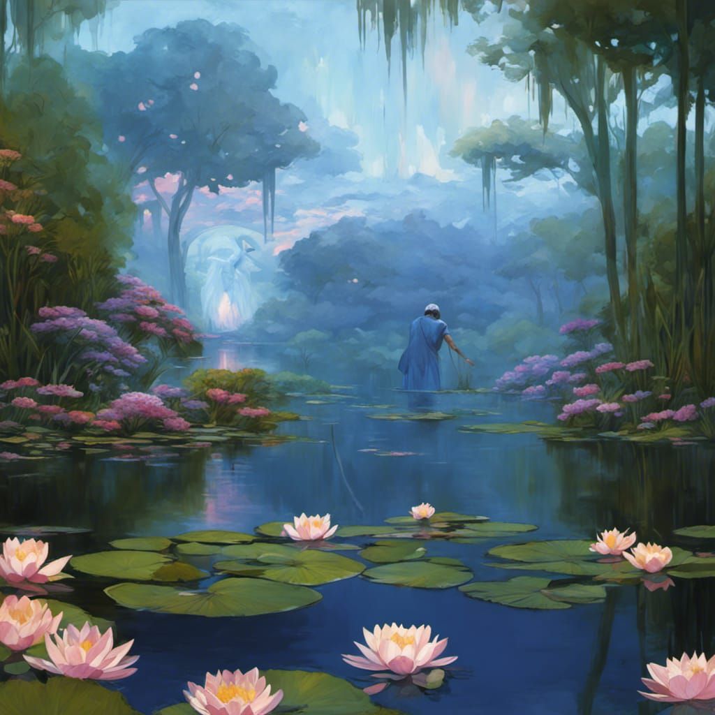 Romantic Lake Bathing in Pre-Raphaelite Style