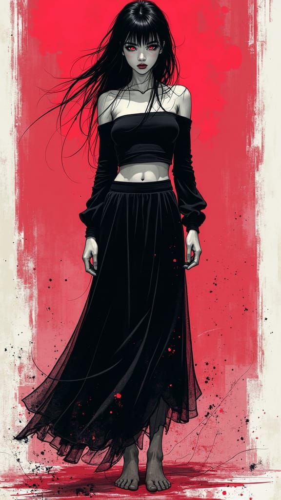 Woman with amber eyes and jet black hair, off-the-shoulder t...