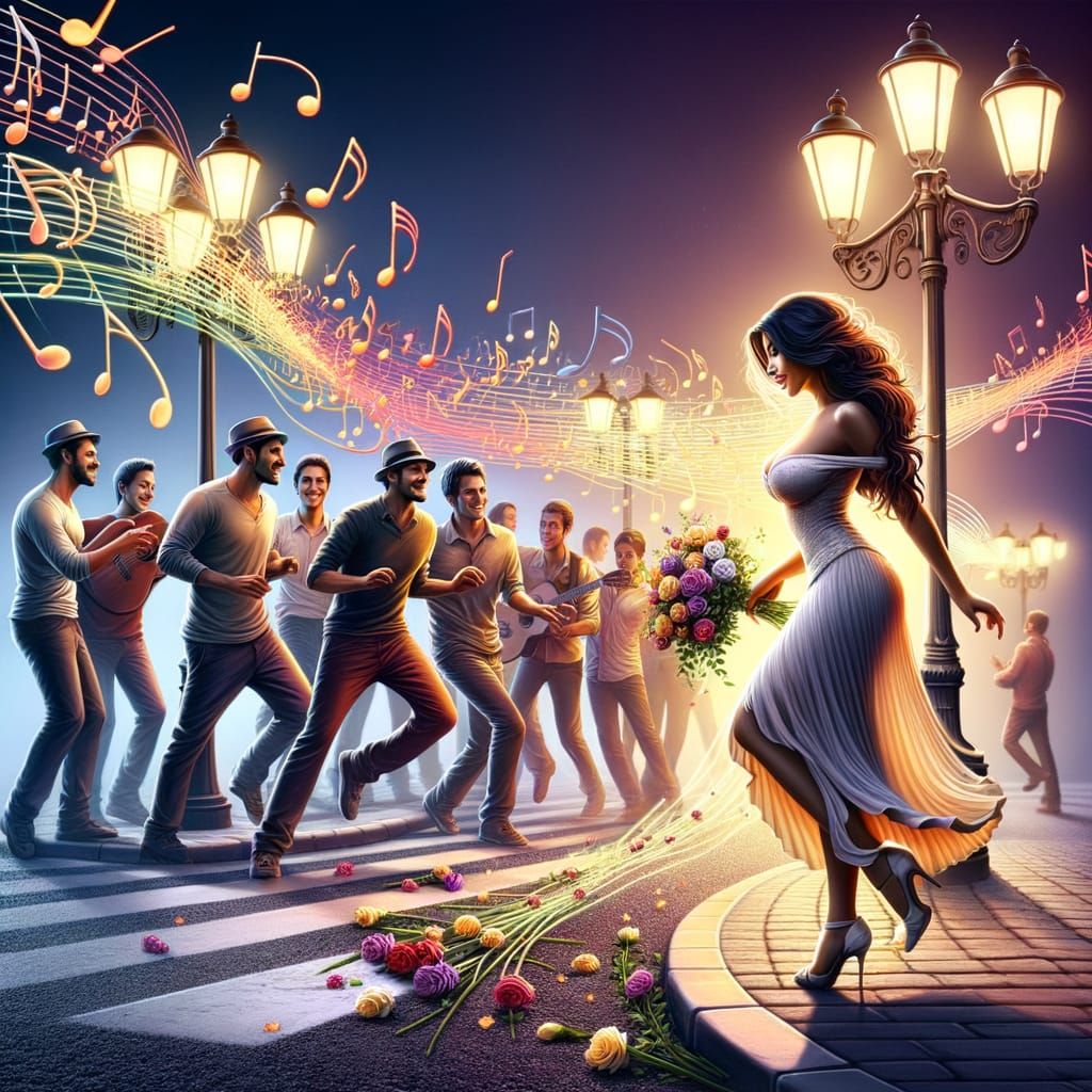 Hispanic Woman Dancing in a Vibrant Night Scene