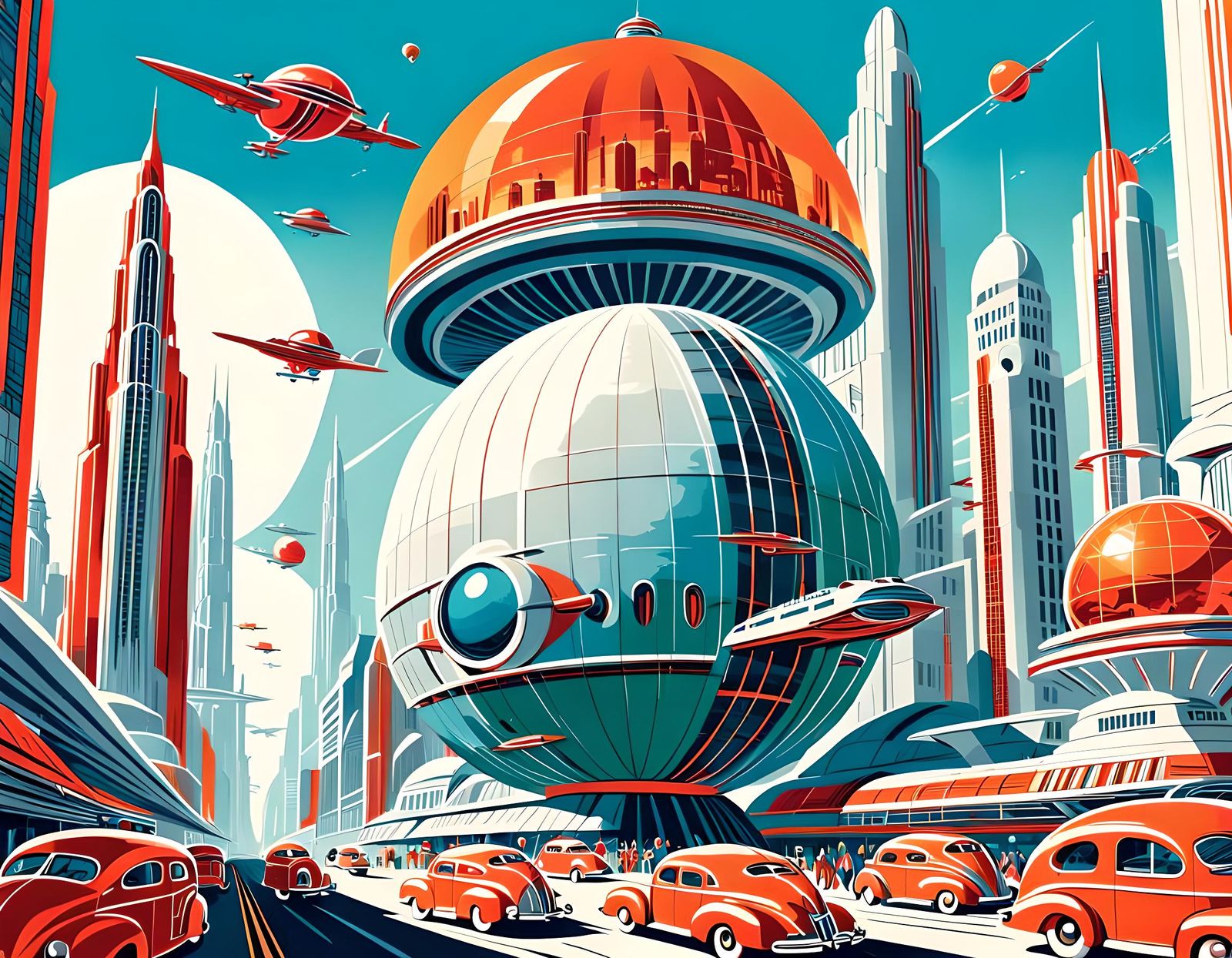 Retro-Futuristic Cityscape in 1940s Vector Art Style