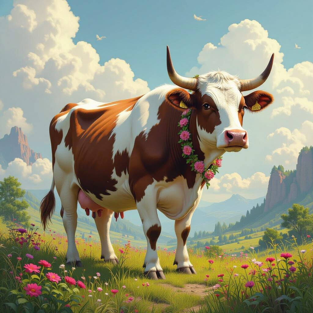 Majestic Fantasy Cow with Floral Harness in 8k