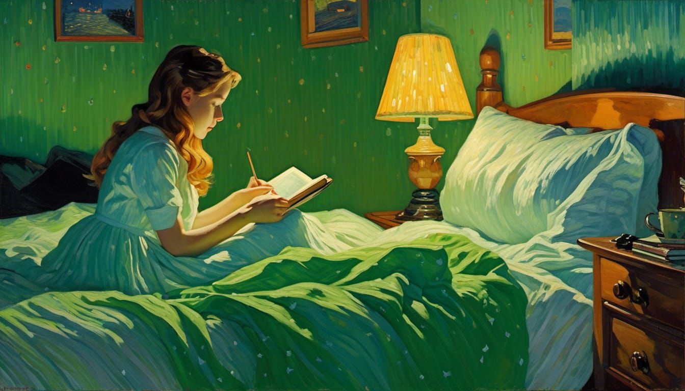 Girl Reading Book with Starry Night Sky