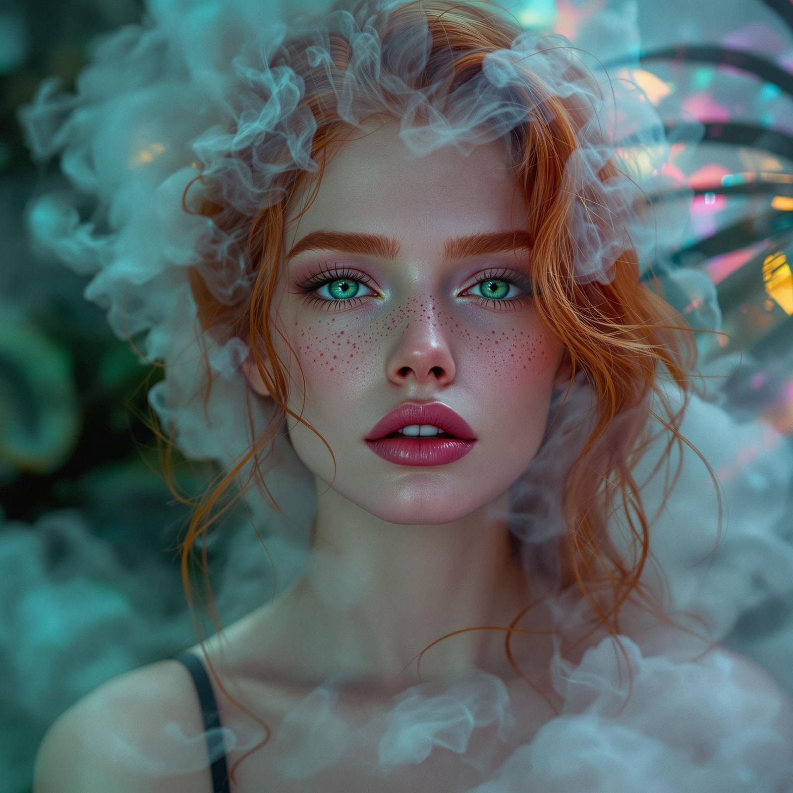 Hyperrealistic Dystopian Goddess with Ginger Hair and Neon A...
