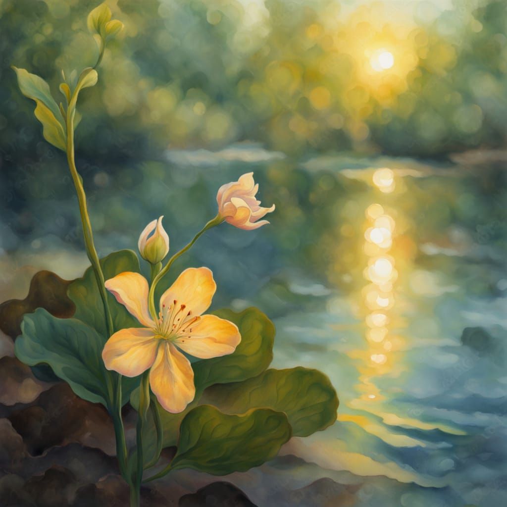Neo-Impressionist Flower by River in Art Nouveau Style