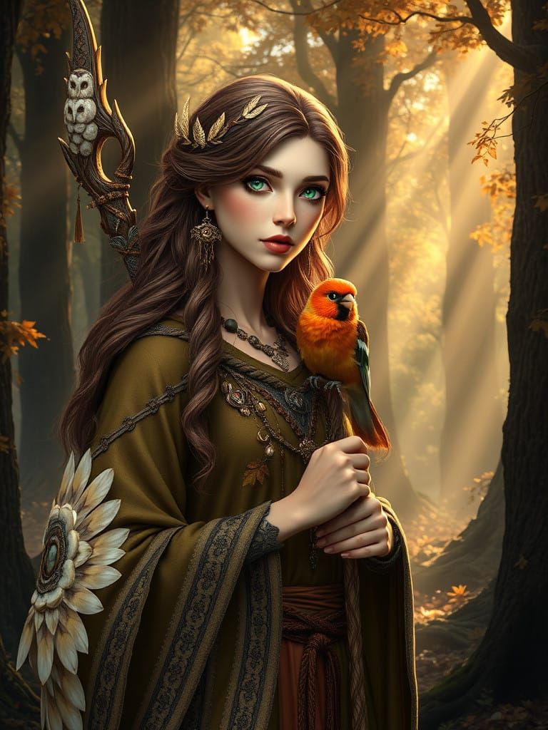 Enchanted Druidic Woman in Earthy Forest Glade
