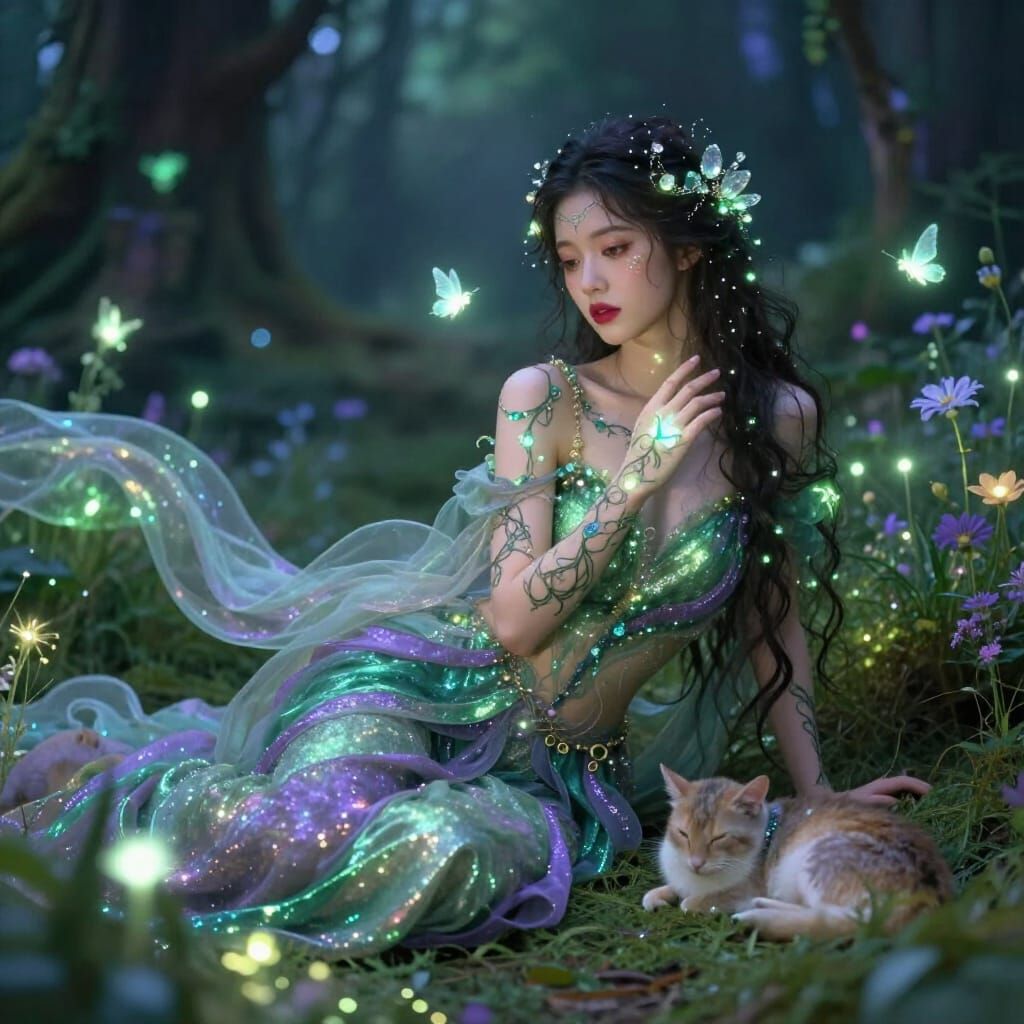 Mystical Maiden with Glowing Tattoos in Enchanted Forest