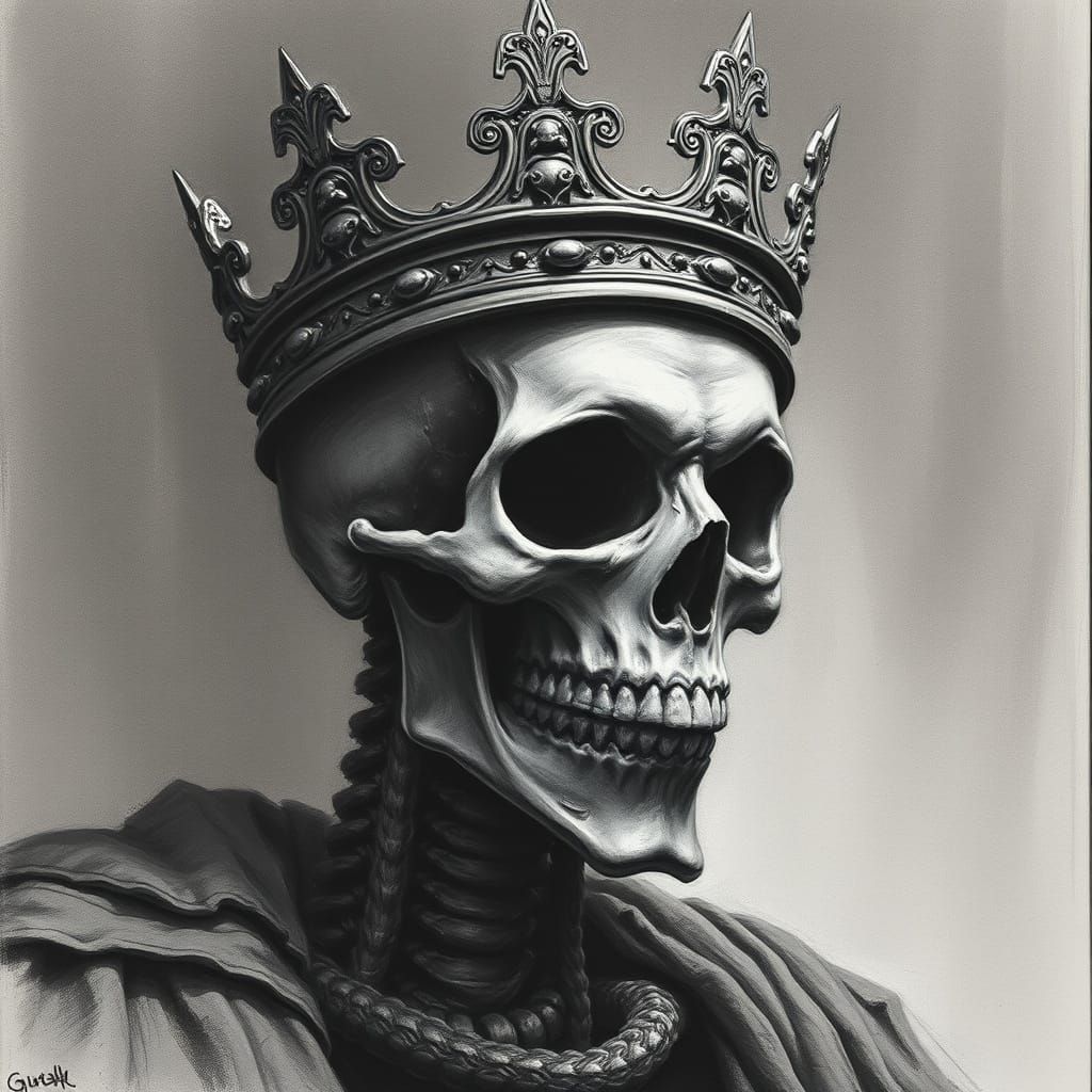 Skeleton King Horror in Charcoal Drawing Style