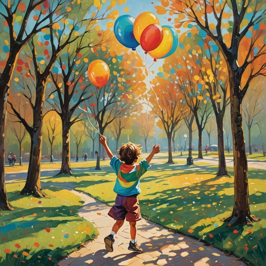 Happy Child with Balloon in Naive Art Style