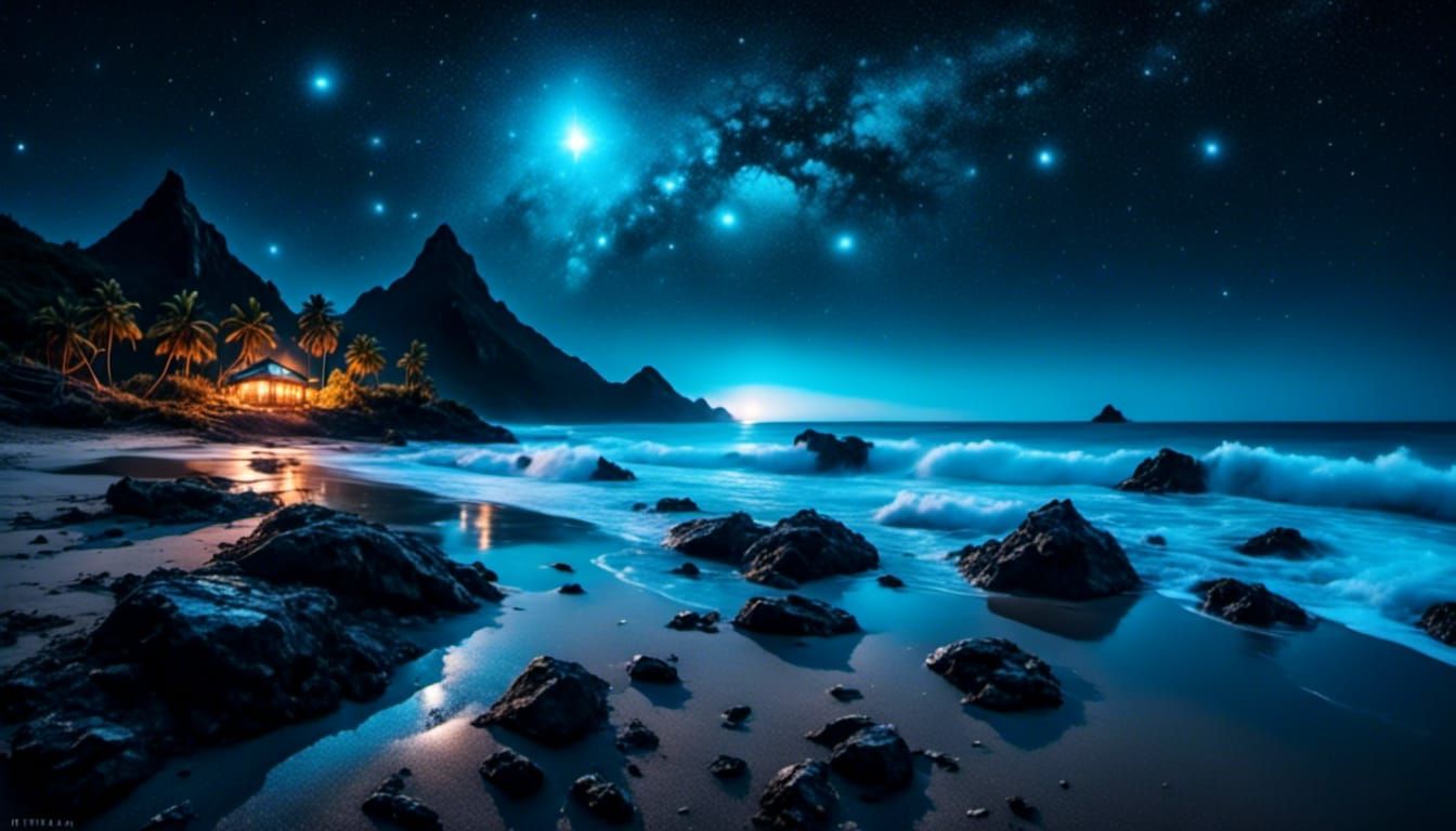 Bioluminescent Waves on Tropical Beach at Night