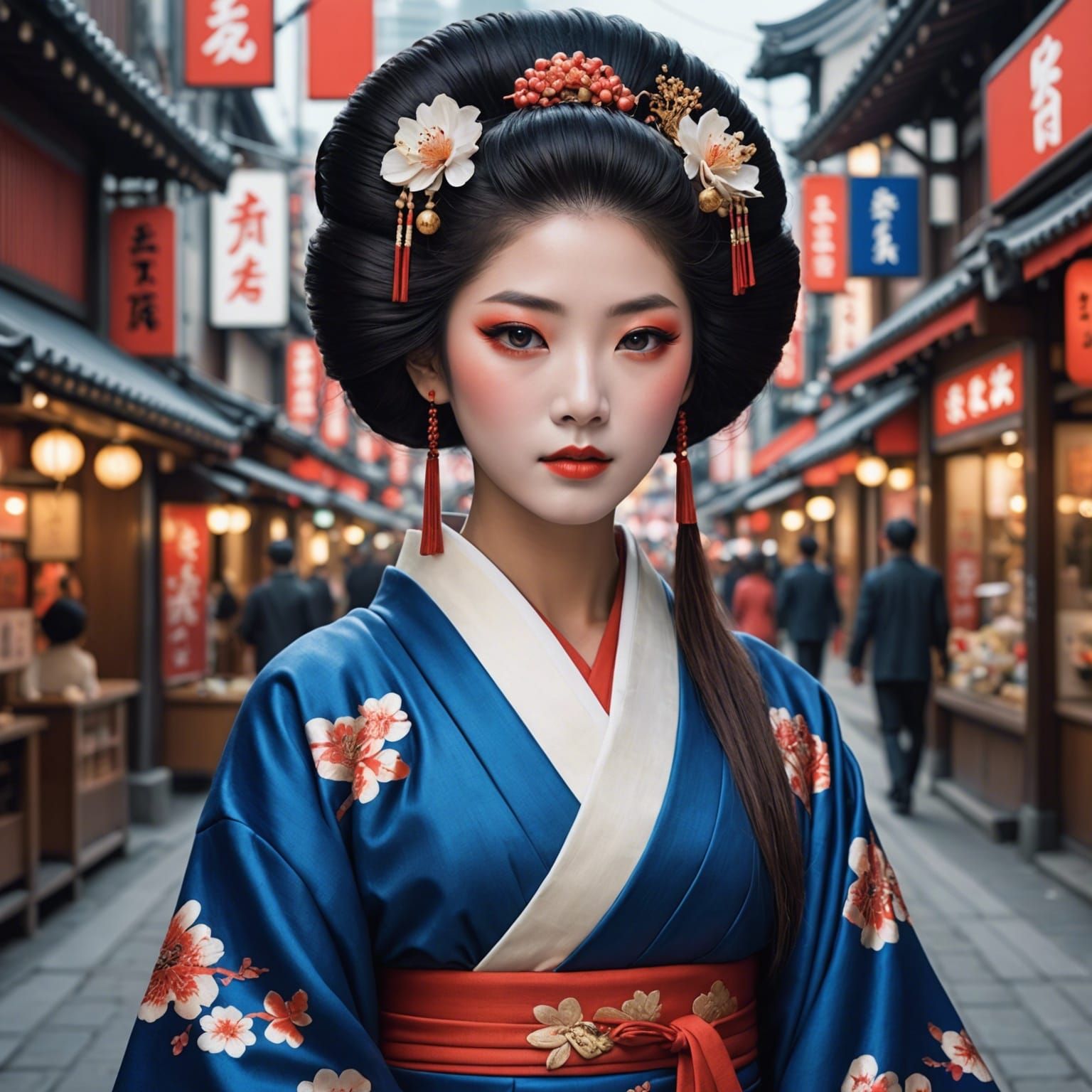 Hyperrealistic Geisha in Futuristic Shopping Street