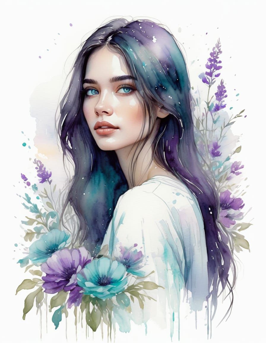 Pretty Woman with Dark Hair and Turquoise Eyes in Misty Moon...