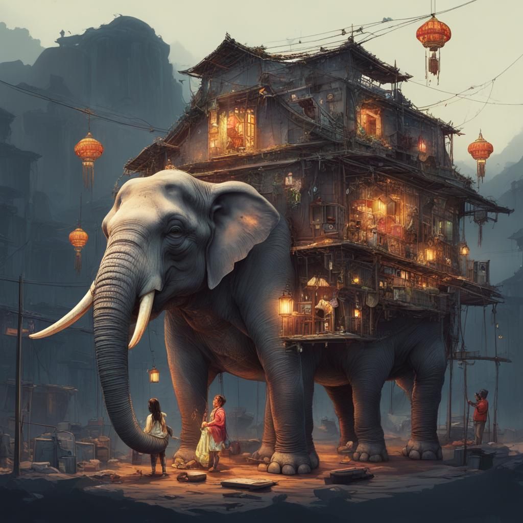 Elephant Carrying Slums at Night