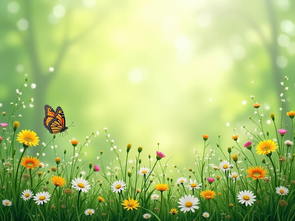 Green Field with Flowers and Butterflies