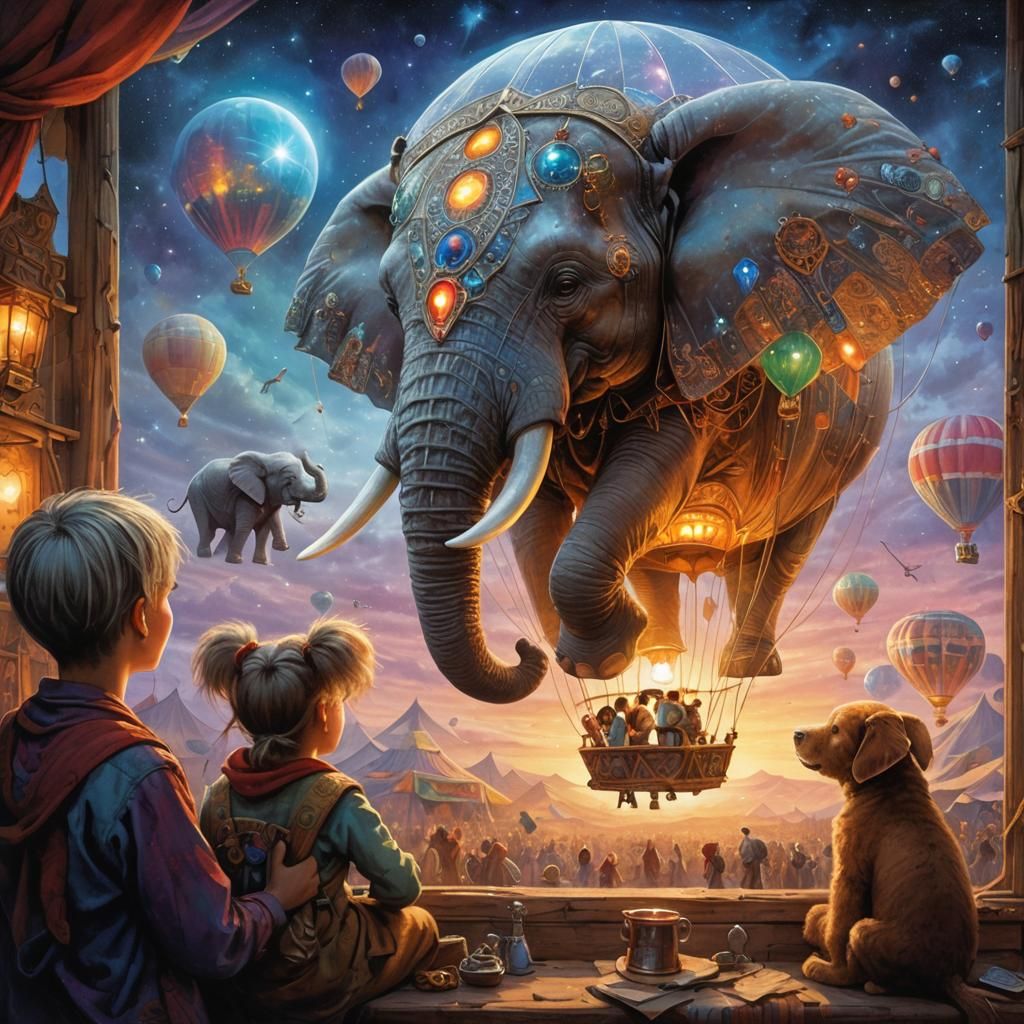 Elephant in Crystal Balloon Over Circus: Surreal Art