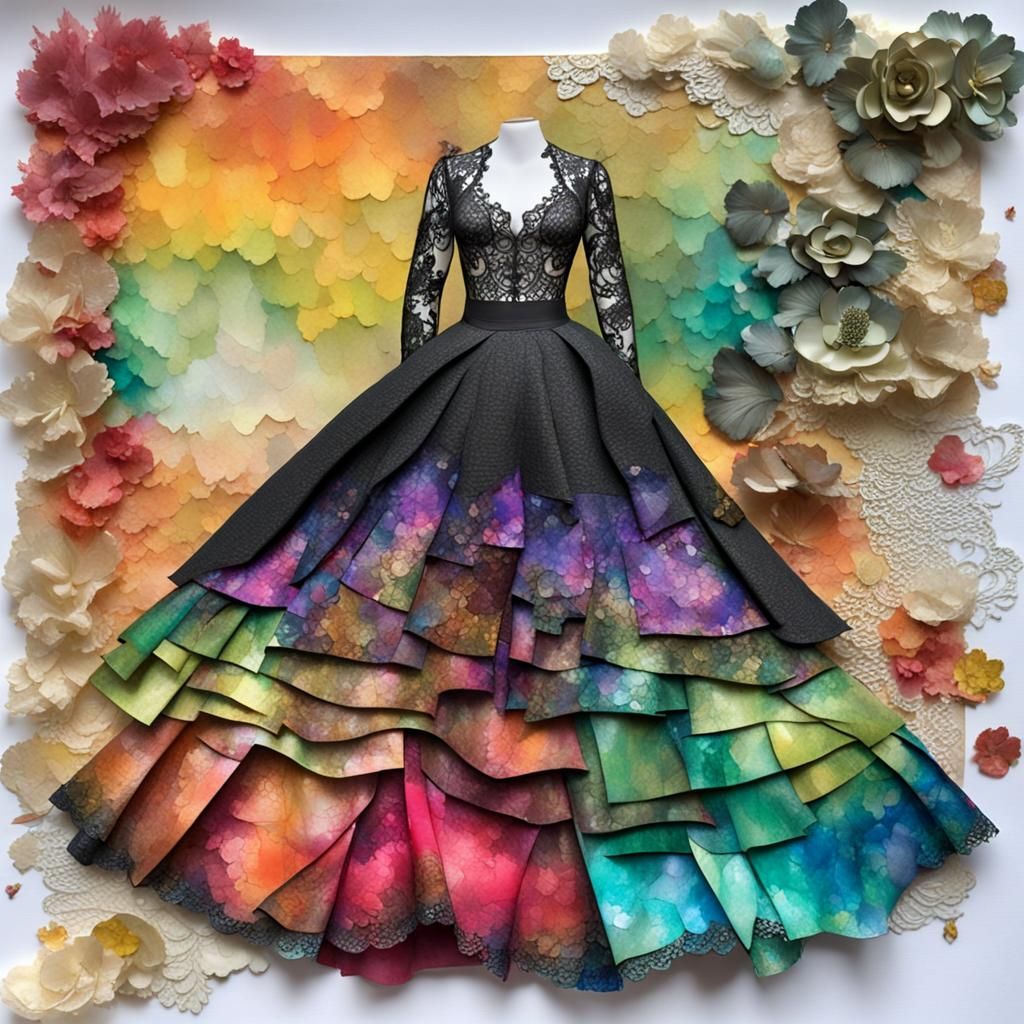Paper Collage Ballgown, Long Sleeved Lace Bodice, Vivid Alco...