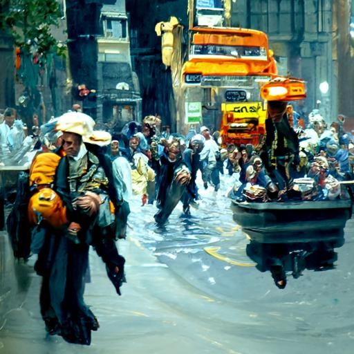 People Float Above Busy Street, Oil Painting