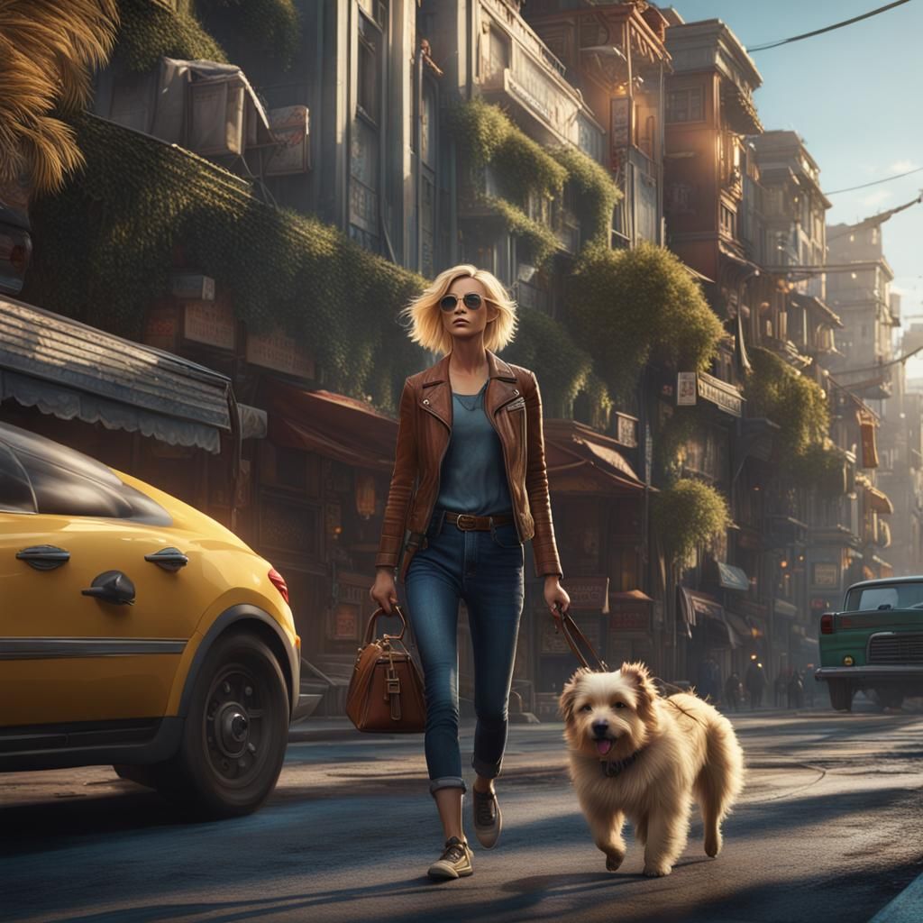 Woman Walks Dog in Hollywood: Fantasy Matte Painting
