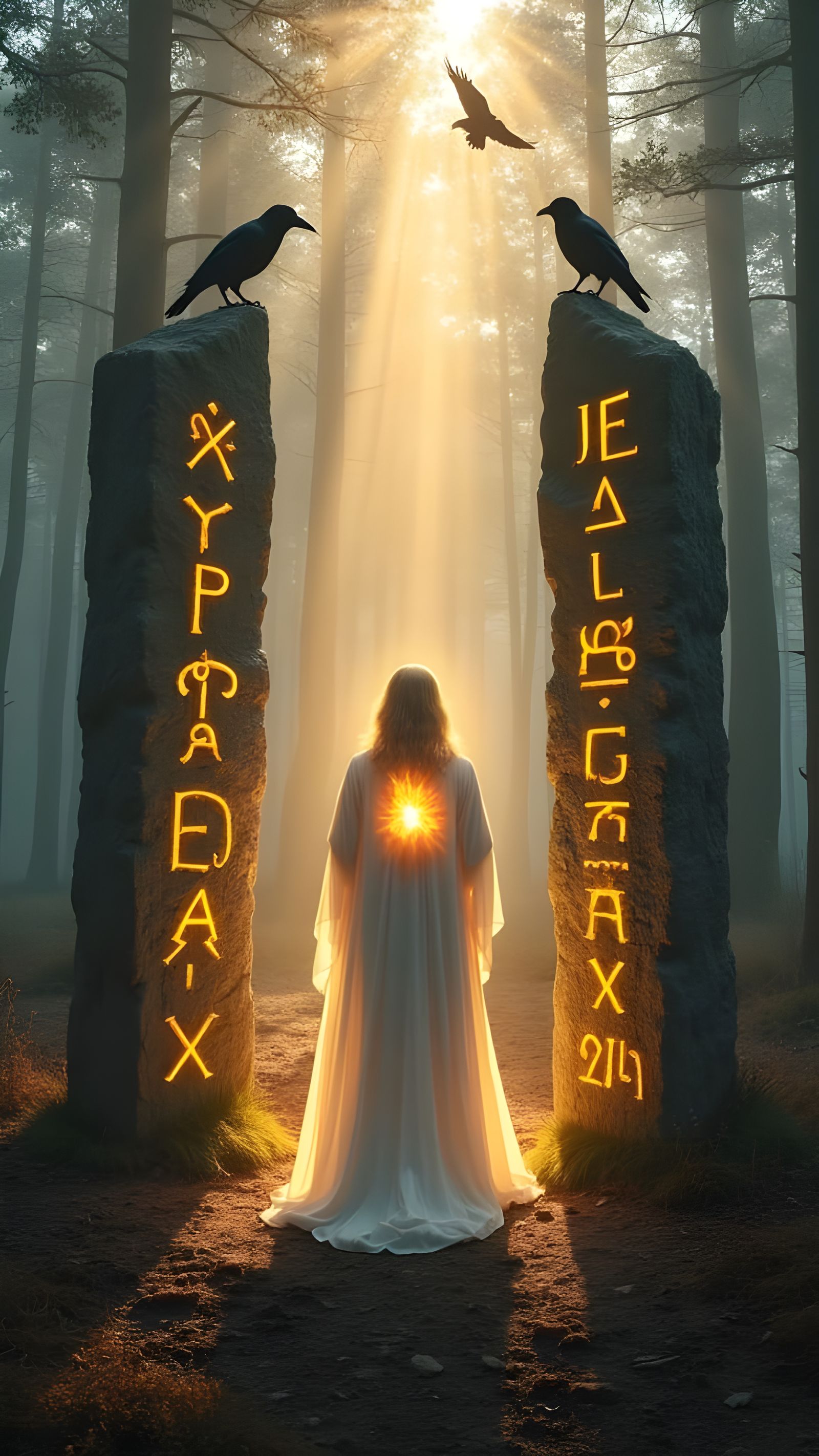 Mystical Norse Figure in Luminous Forest Clearing