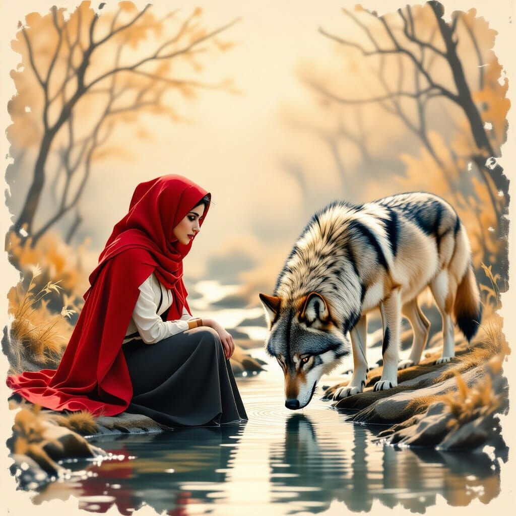Red Hood Woman and Wolf by Stream in Vintage Monochrome