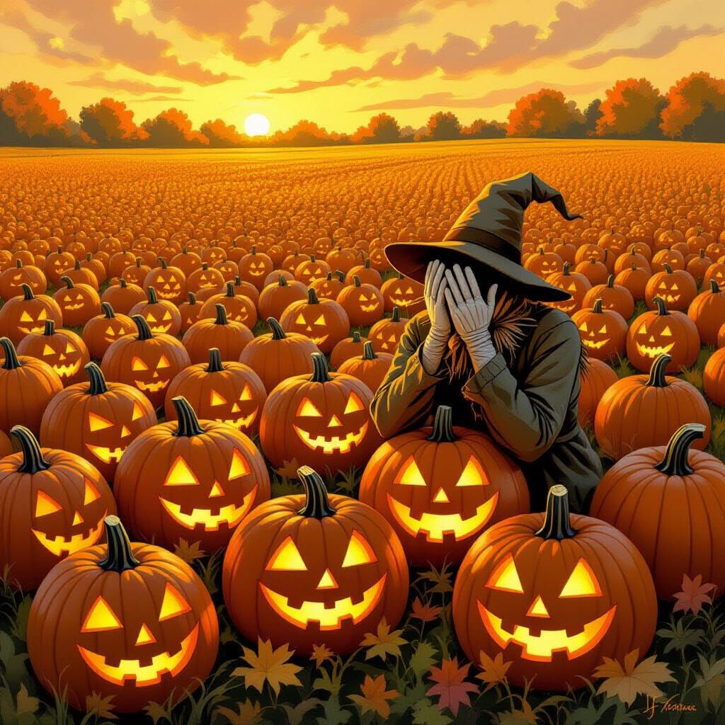 Jack-o'-Lantern Pumpkins & Frightened Scarecrow