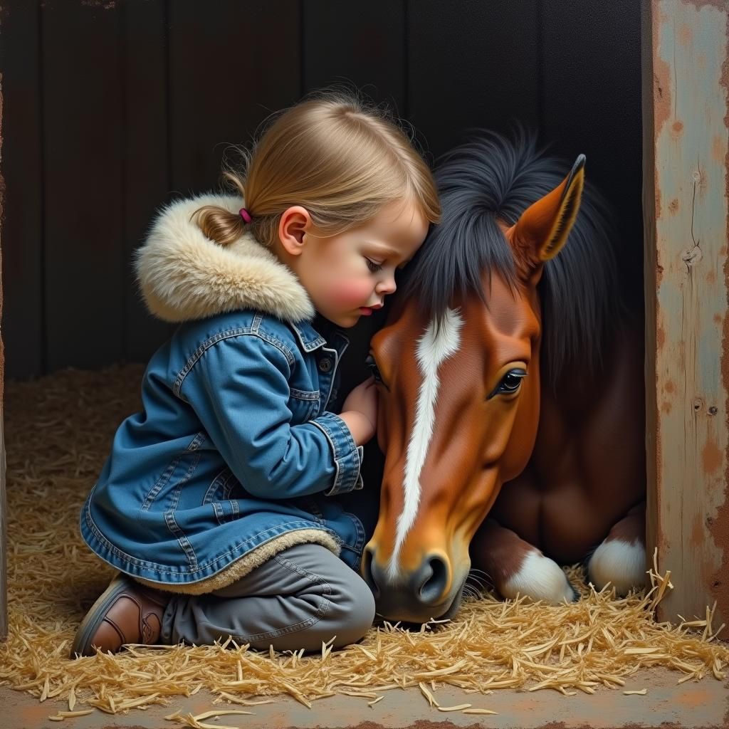 Girl and Pony in Barn: Impasto Oil Painting