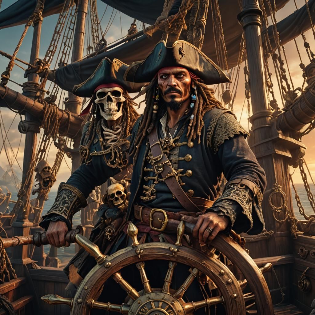 Medieval Pirate Glows in Golden Sunset at the Helm of a Skul...