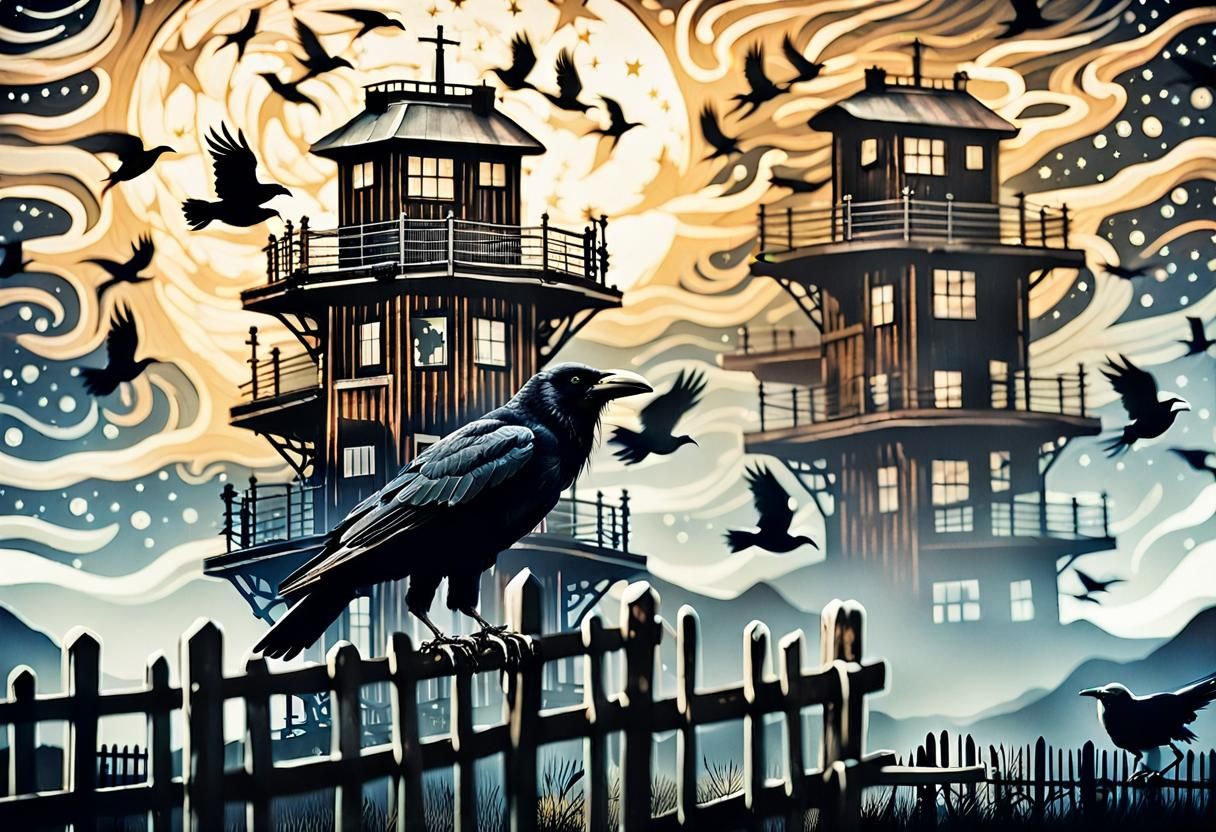 Crows on Fence Double Exposure Under Starry Night