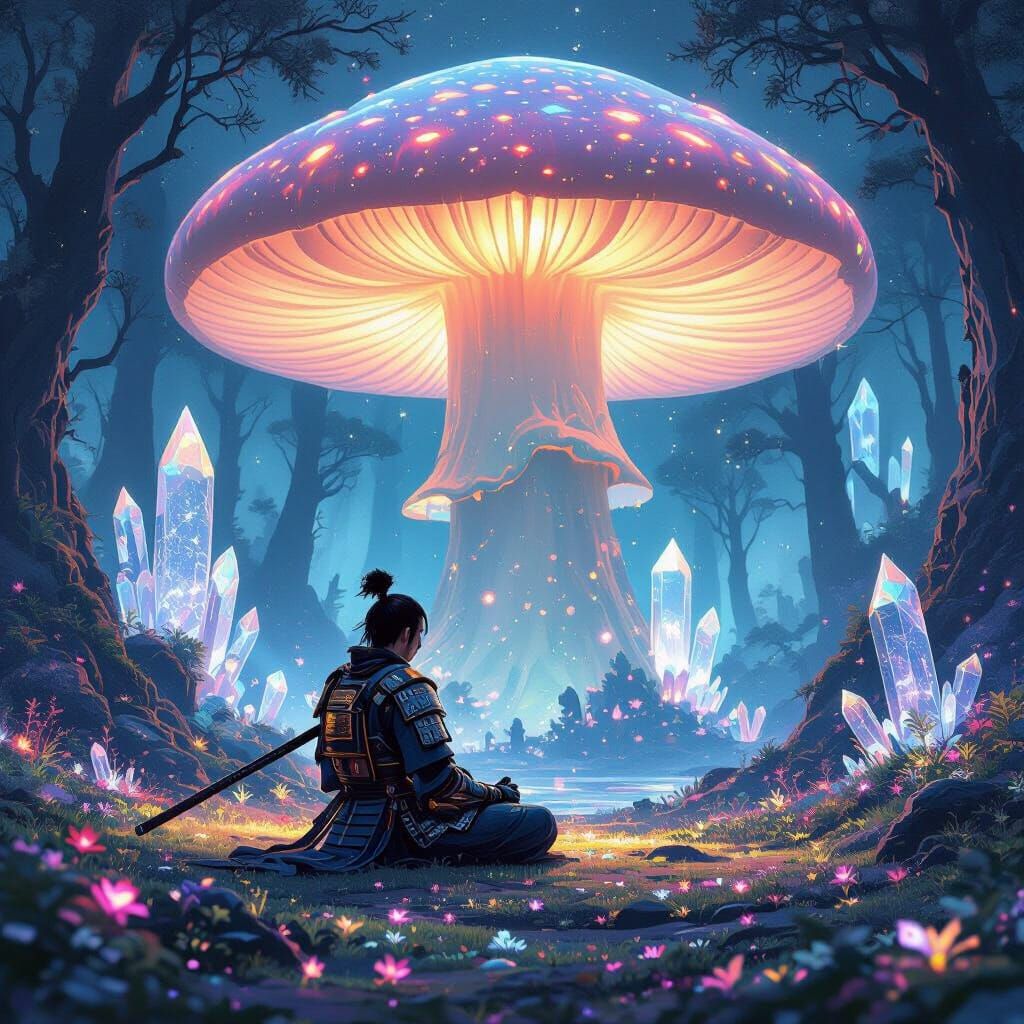 Samurai Meditating Under Alien Bioluminescent Mushroom